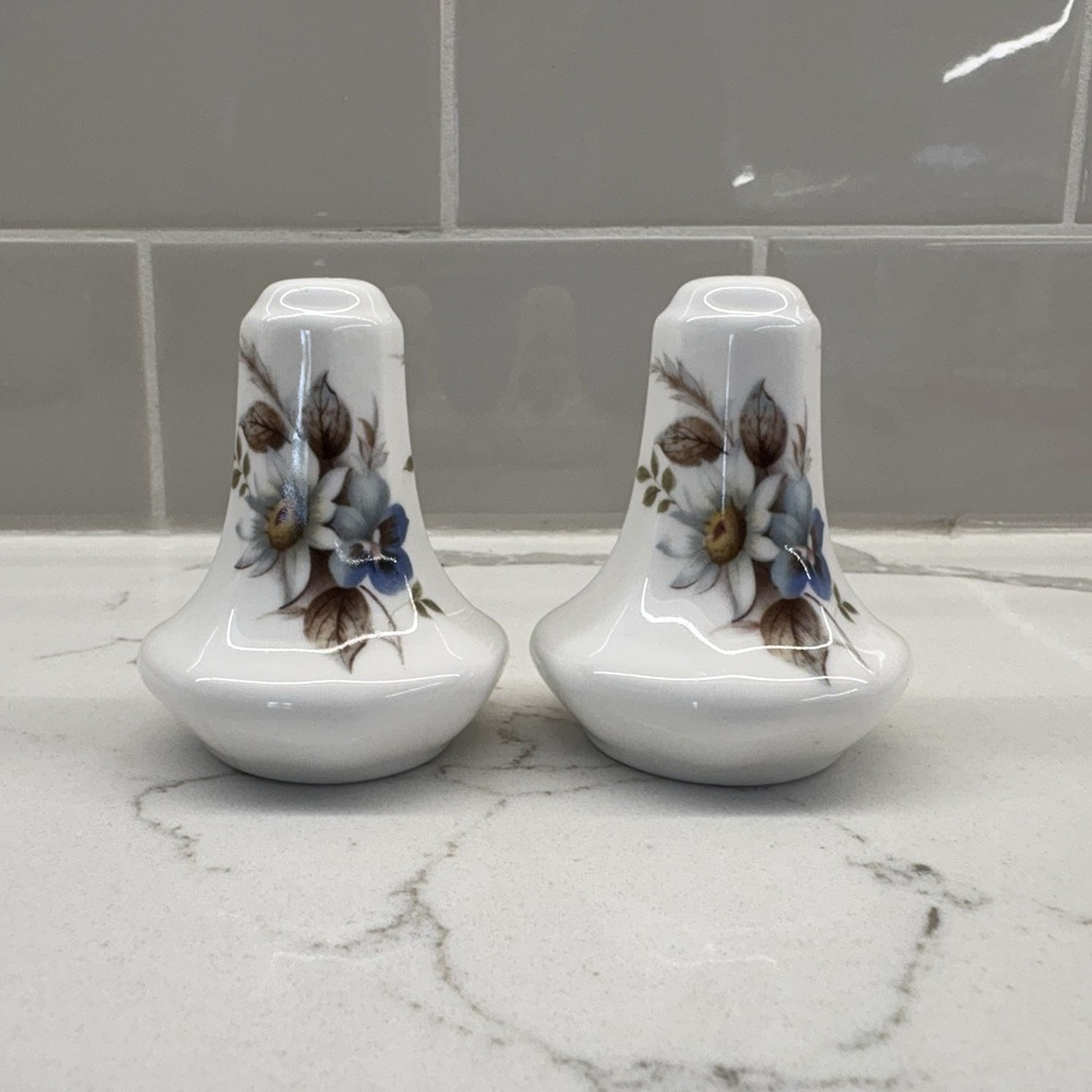 Vintage Sandford Salt Pepper Shakers England Fine Bone China Blue Floral Dogwood